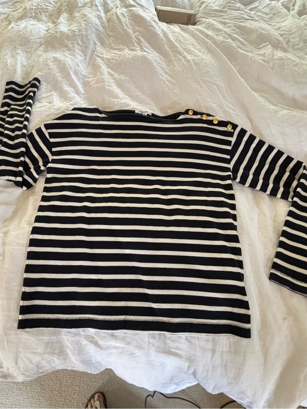 rag & bone Bardot Top Navy White Striped Long-Sleeve with Gold Buttons Medium